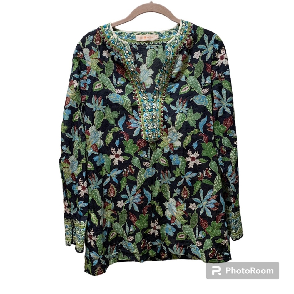 Tory Burch tunic with stunning detailing green motif design. Size 2 Cott…